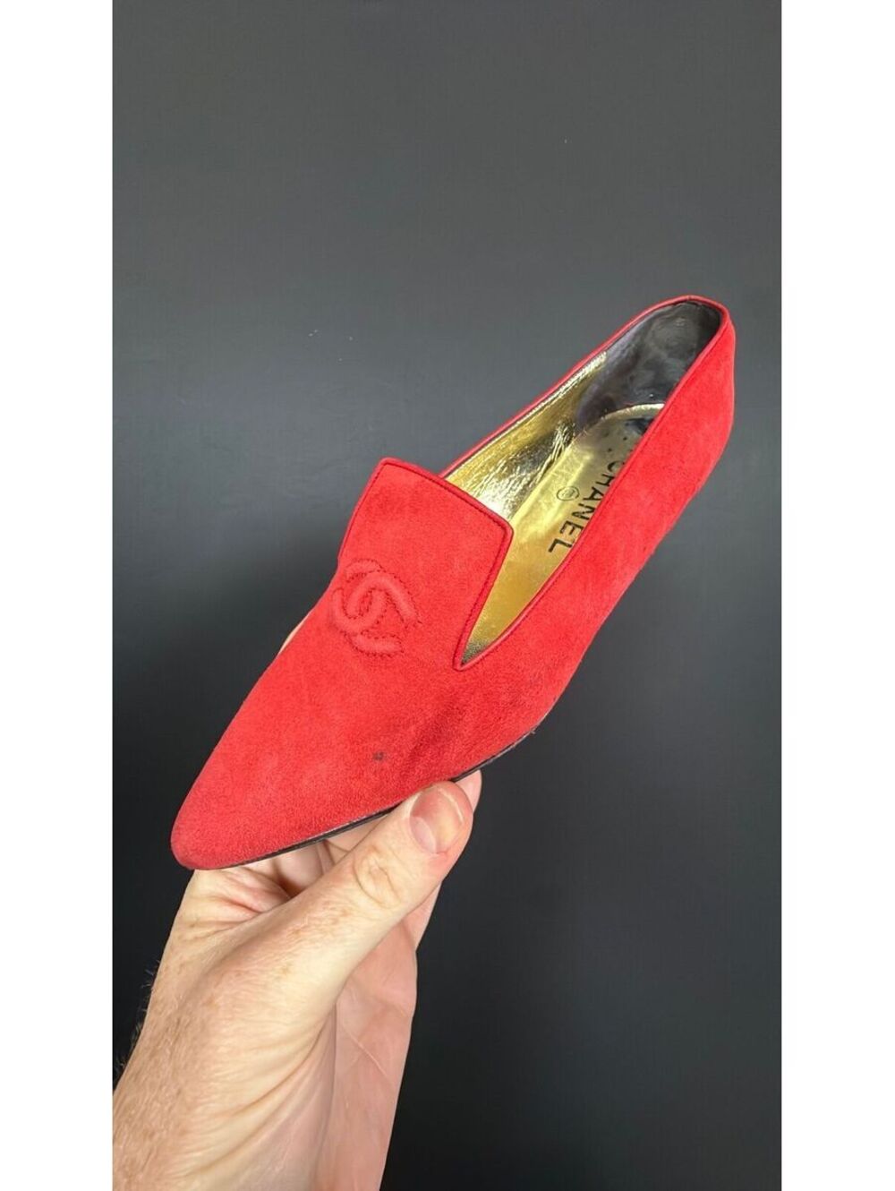Chanel Vintage Red Suede Slip On Flats Size 36